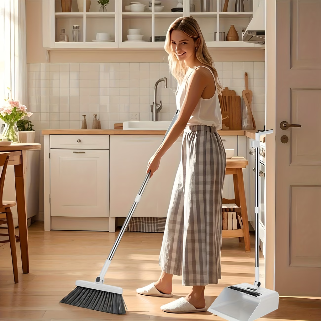 Premium 3-in-1 Broom and Dustpan Set with Built-in Comb & Long Handle
