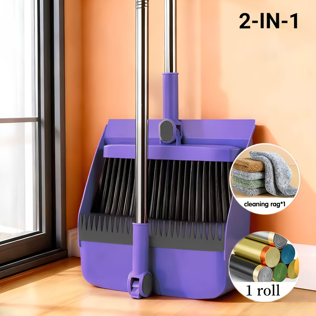 Premium 3-in-1 Broom and Dustpan Set with Built-in Comb & Long Handle