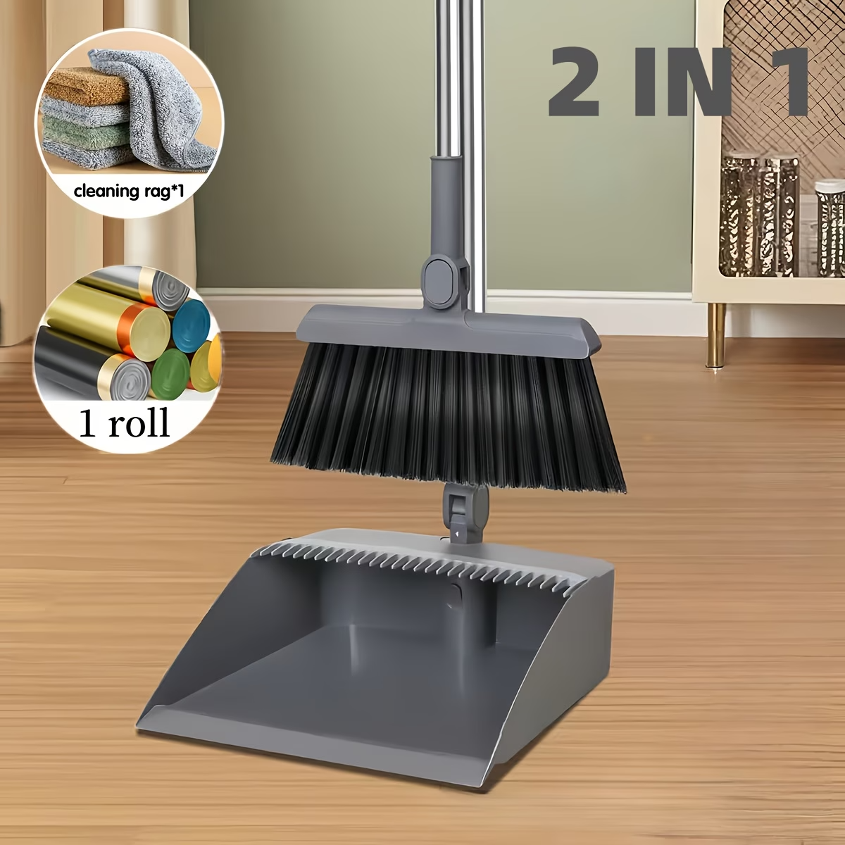 Premium 3-in-1 Broom and Dustpan Set with Built-in Comb & Long Handle
