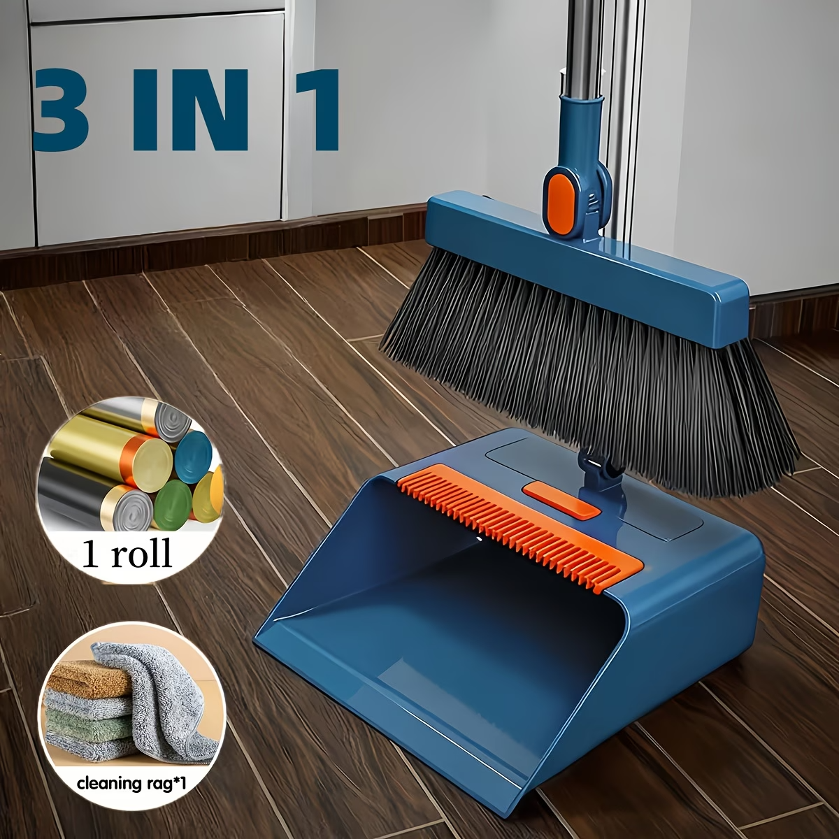 Premium 3-in-1 Broom and Dustpan Set with Built-in Comb & Long Handle