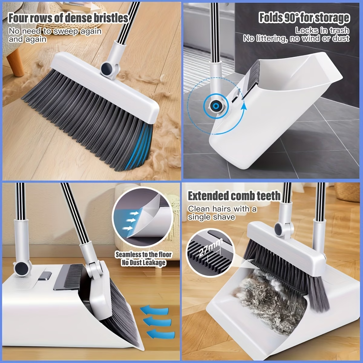 Premium 3-in-1 Broom and Dustpan Set with Built-in Comb & Long Handle