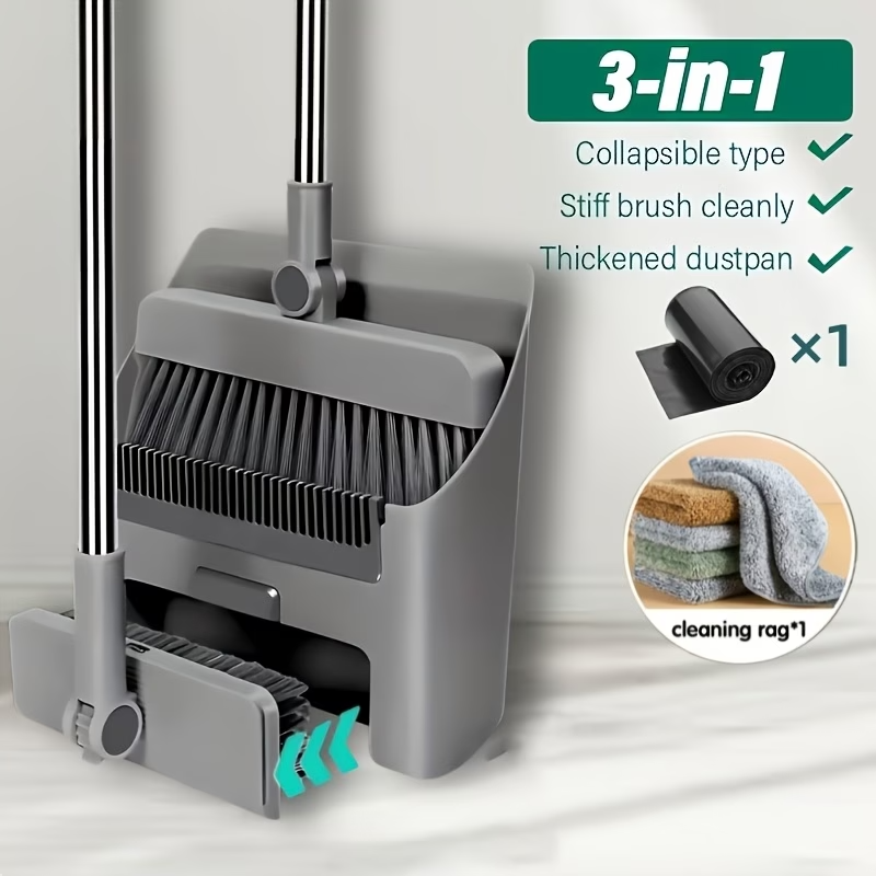 Premium 3-in-1 Broom and Dustpan Set with Built-in Comb & Long Handle