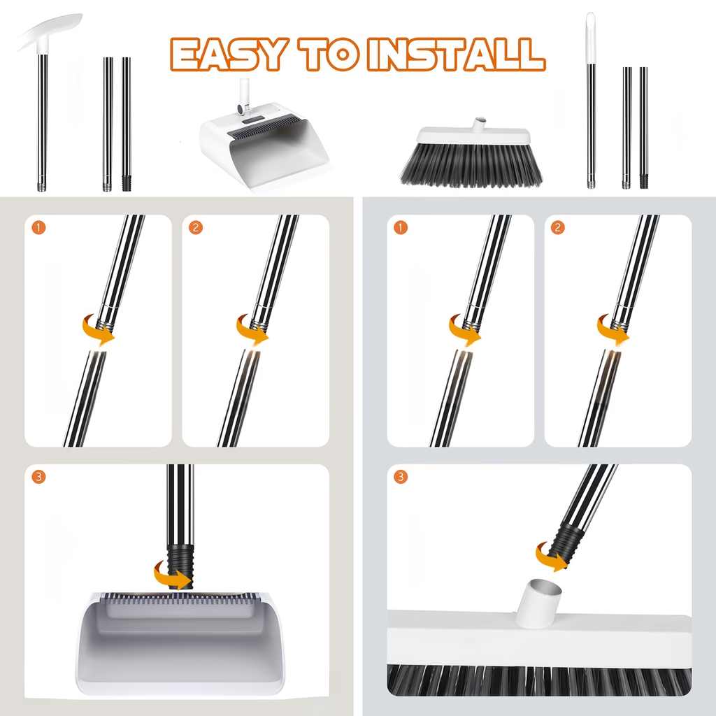 Premium 3-in-1 Broom and Dustpan Set with Built-in Comb & Long Handle