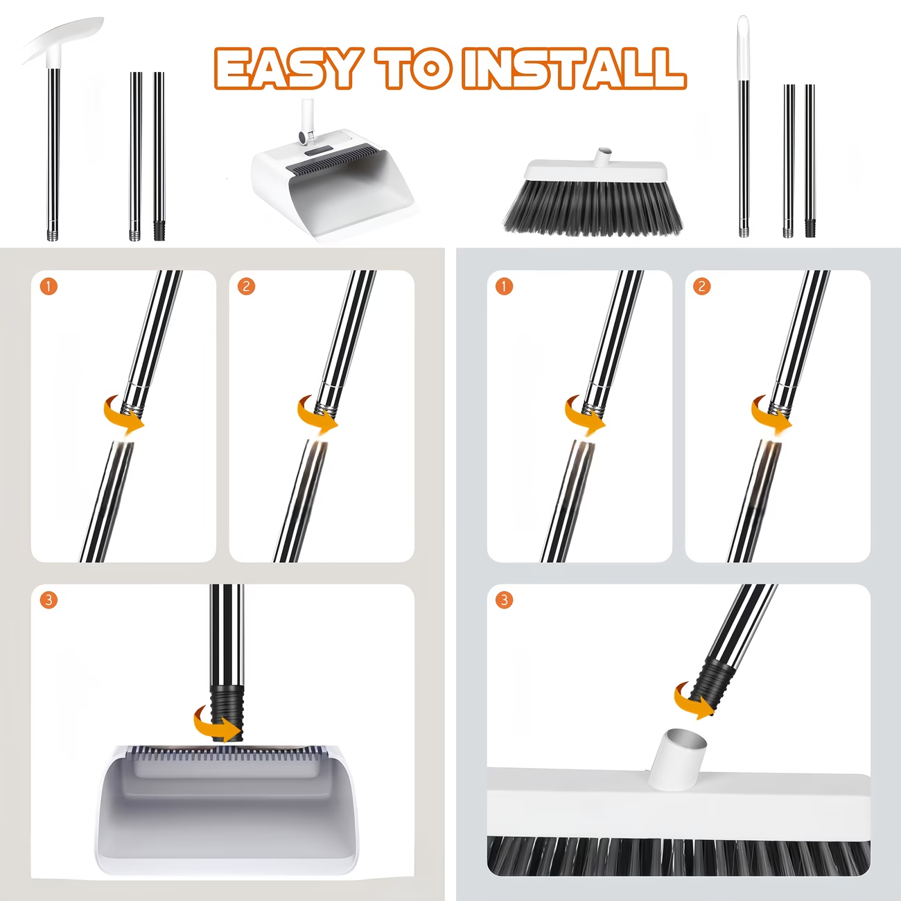 Premium 3-in-1 Broom and Dustpan Set with Built-in Comb & Long Handle