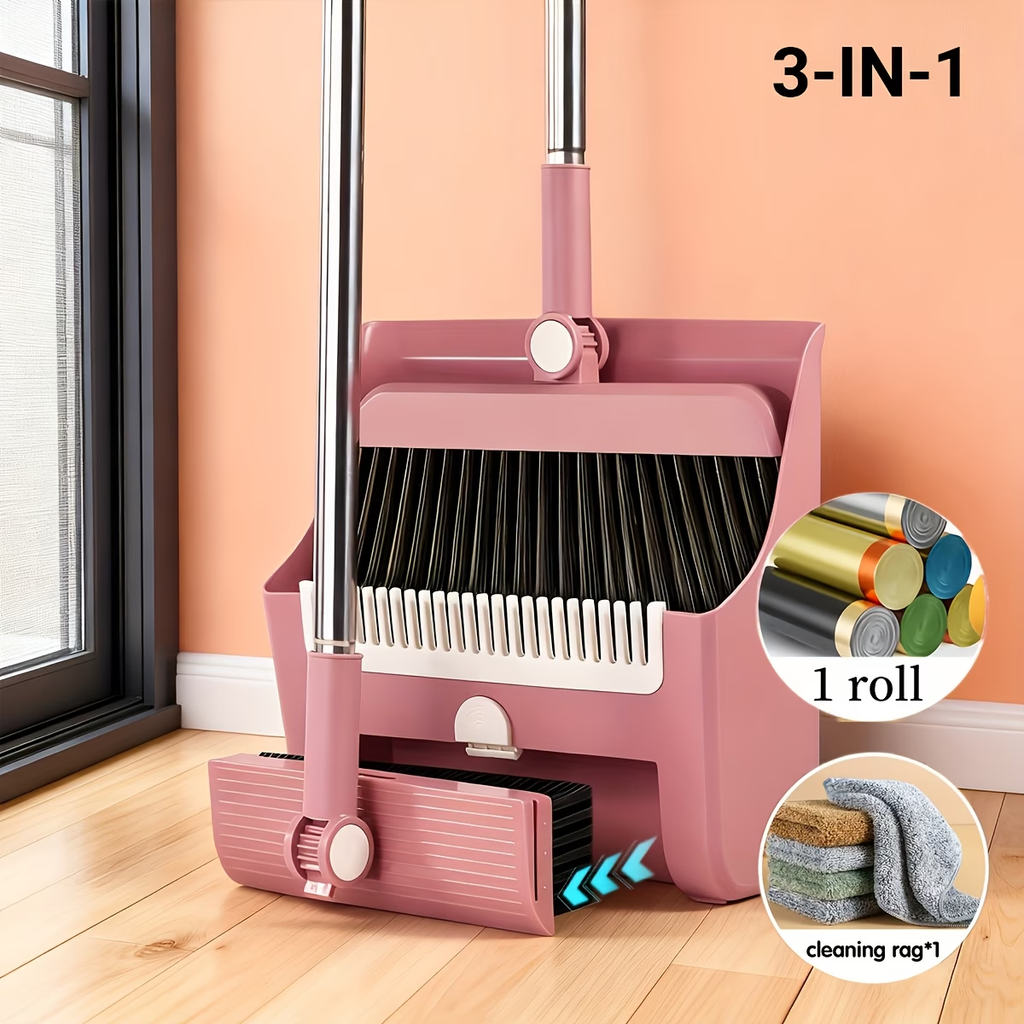Premium 3-in-1 Broom and Dustpan Set with Built-in Comb & Long Handle