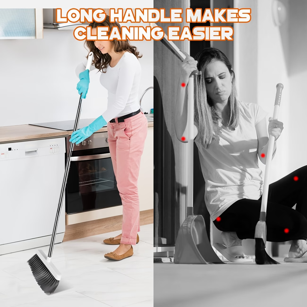 Premium 3-in-1 Broom and Dustpan Set with Built-in Comb & Long Handle