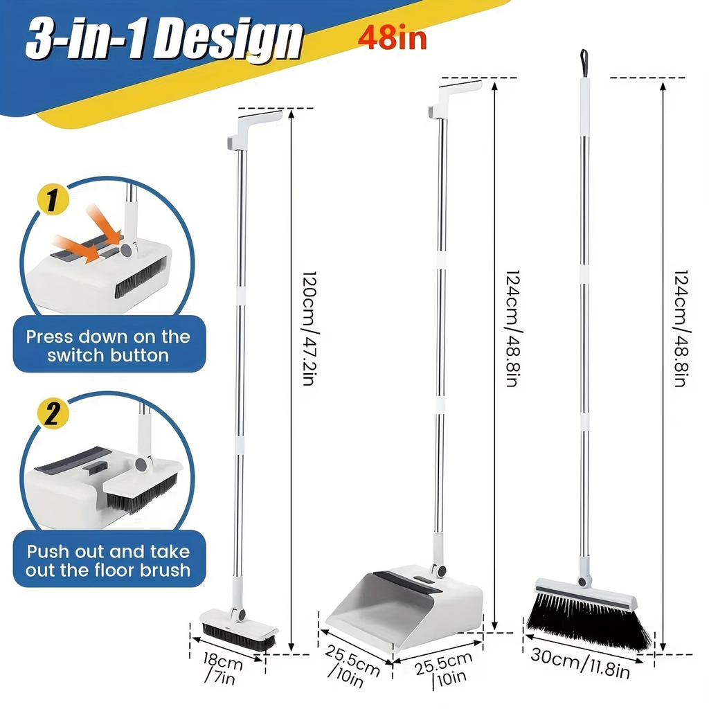 Premium 3-in-1 Broom and Dustpan Set with Built-in Comb & Long Handle