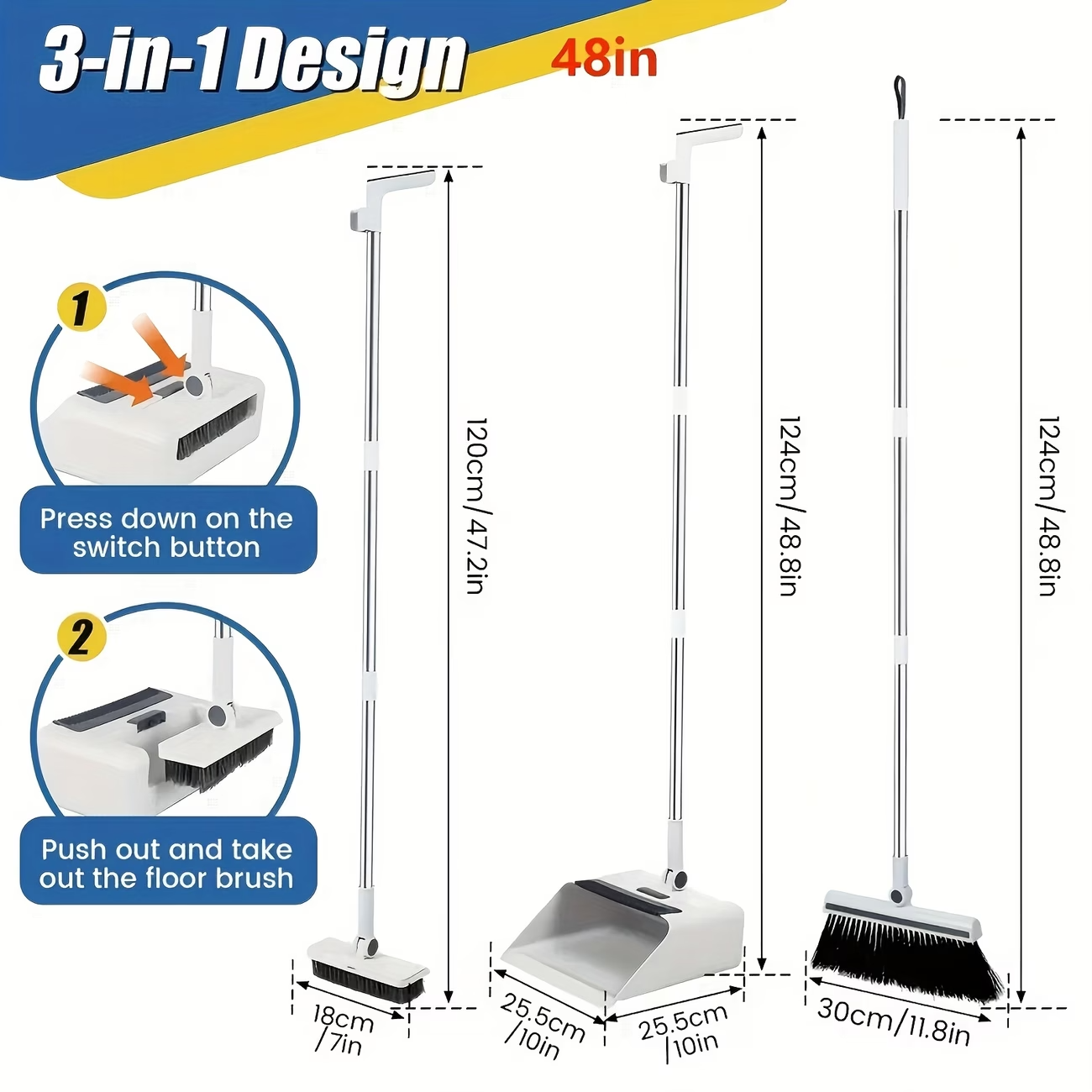 Premium 3-in-1 Broom and Dustpan Set with Built-in Comb & Long Handle