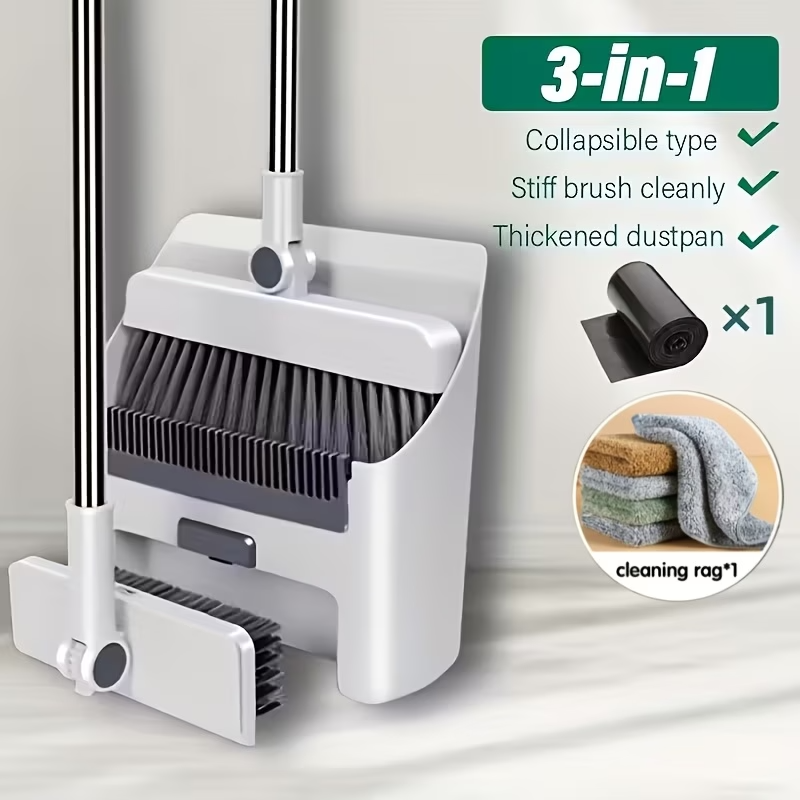 Premium 3-in-1 Broom and Dustpan Set with Built-in Comb & Long Handle