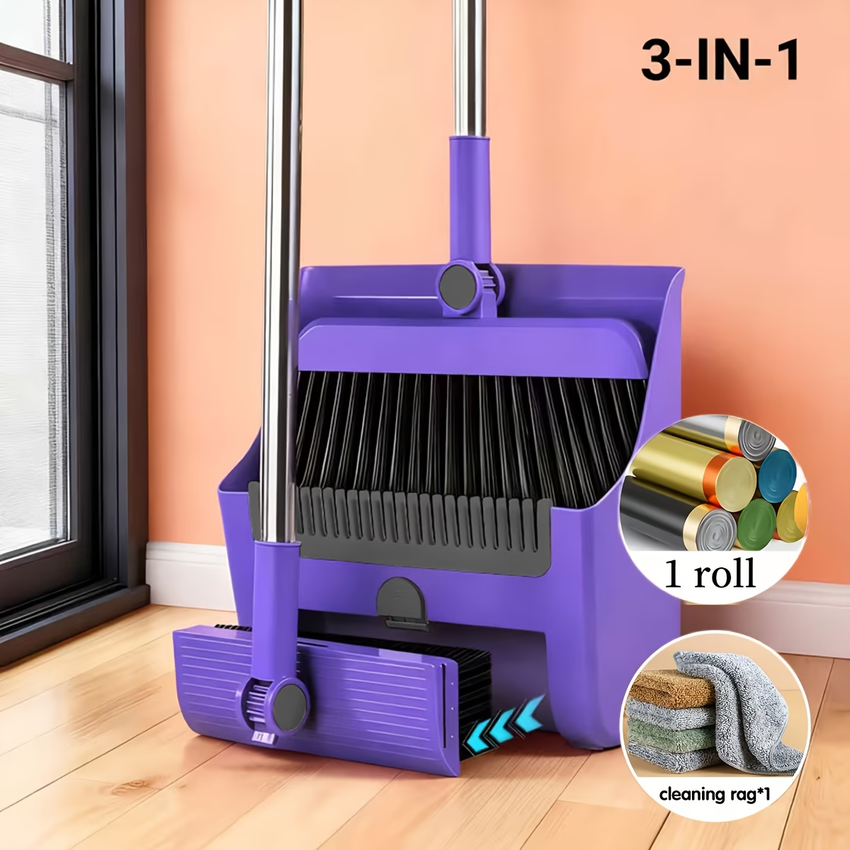 Premium 3-in-1 Broom and Dustpan Set with Built-in Comb & Long Handle