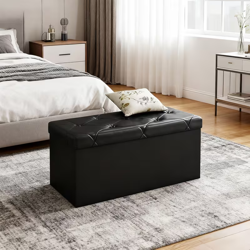 OLIXIS Folding Storage Ottoman Bench | 660lbs Heavy-Duty Load | Space-Saving Upholstered Footrest & Storage Stool | Classic Hardwood Style