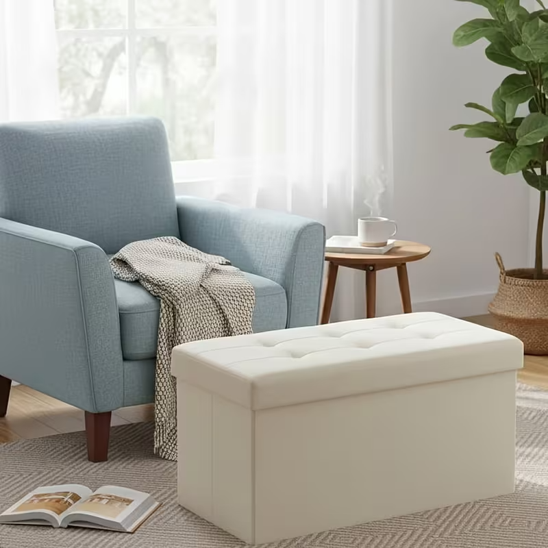 OLIXIS Folding Storage Ottoman Bench | 660lbs Heavy-Duty Load | Space-Saving Upholstered Footrest & Storage Stool | Classic Hardwood Style