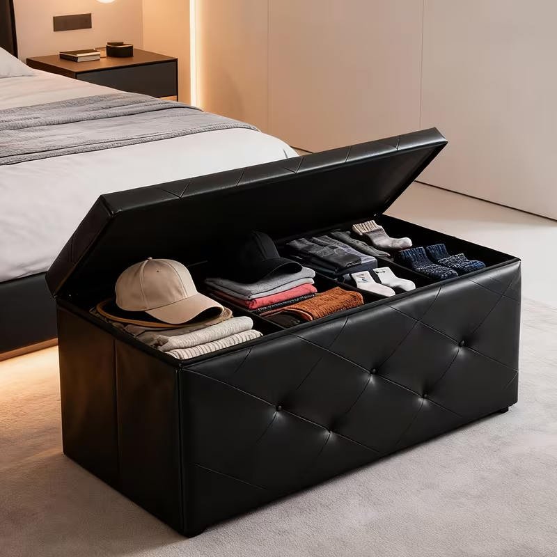 OLIXIS Folding Storage Ottoman Bench | 660lbs Heavy-Duty Load | Space-Saving Upholstered Footrest & Storage Stool | Classic Hardwood Style