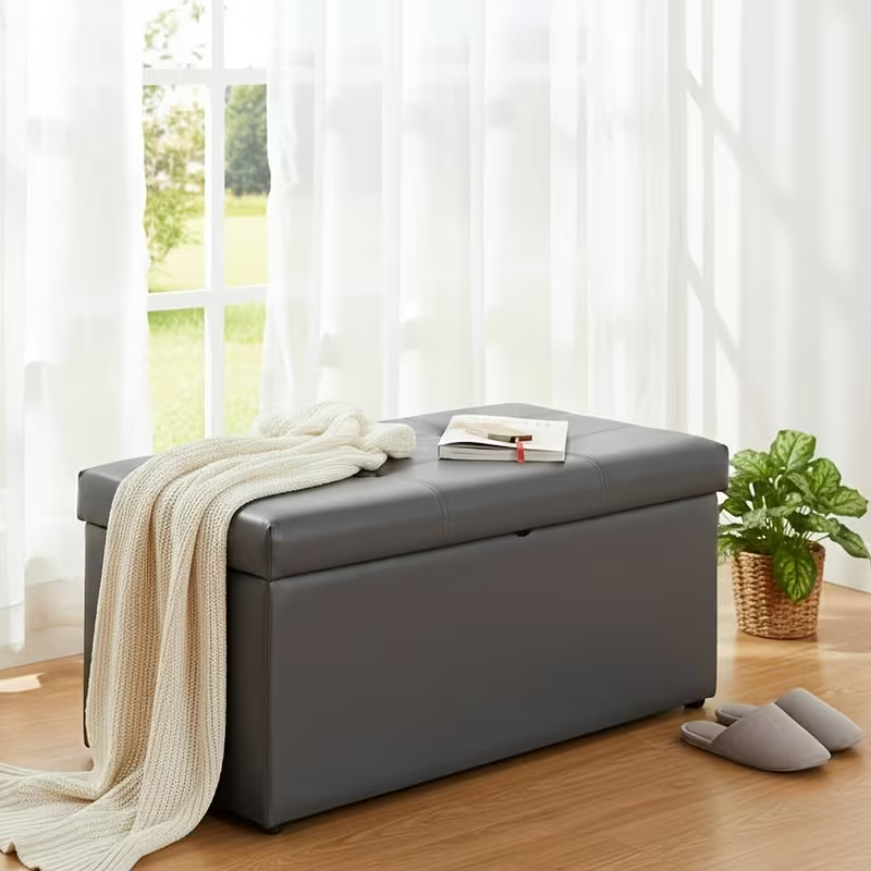 OLIXIS Folding Storage Ottoman Bench | 660lbs Heavy-Duty Load | Space-Saving Upholstered Footrest & Storage Stool | Classic Hardwood Style