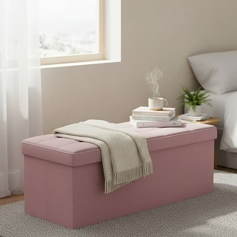 OLIXIS Folding Storage Ottoman Bench | 660lbs Heavy-Duty Load | Space-Saving Upholstered Footrest & Storage Stool | Classic Hardwood Style