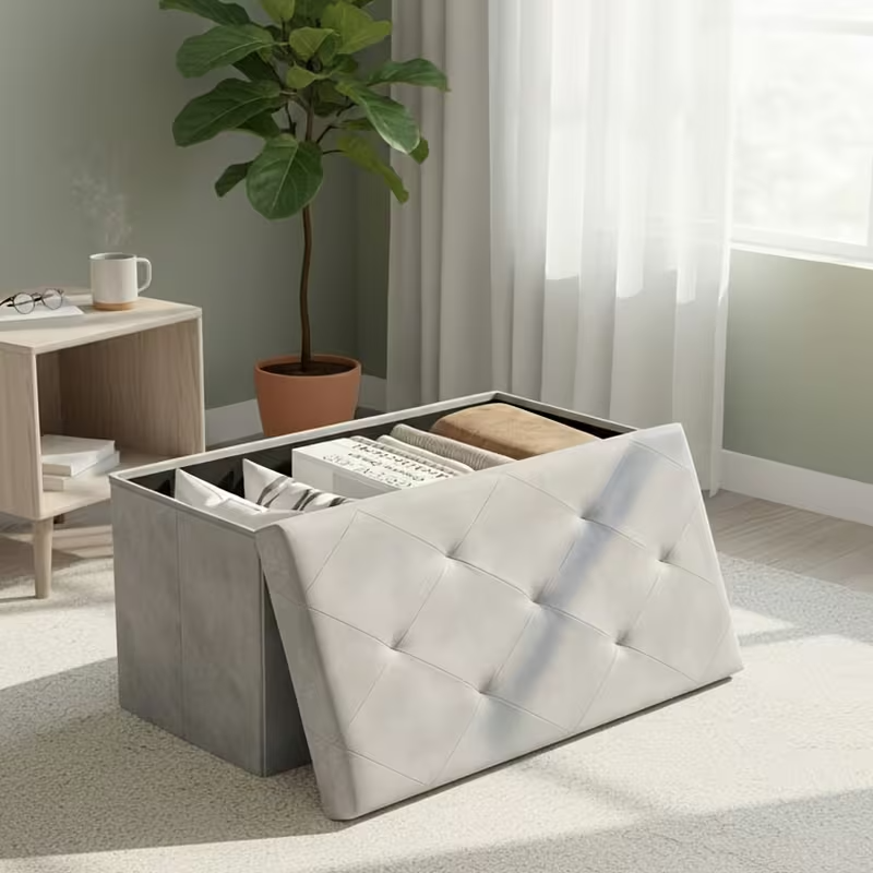 OLIXIS Folding Storage Ottoman Bench | 660lbs Heavy-Duty Load | Space-Saving Upholstered Footrest & Storage Stool | Classic Hardwood Style