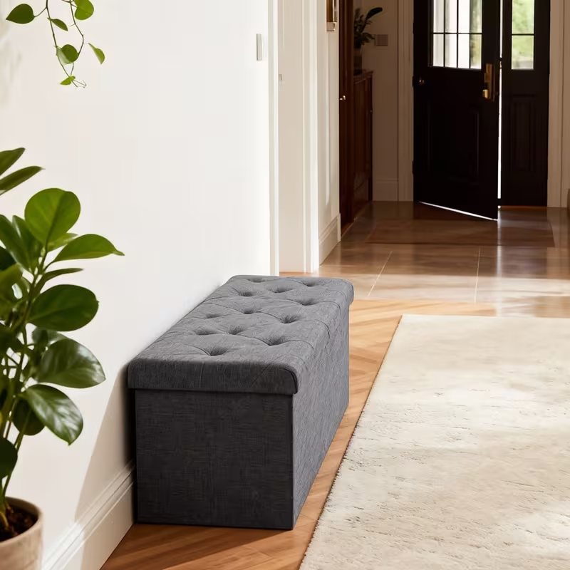 OLIXIS Folding Storage Ottoman Bench | 660lbs Heavy-Duty Load | Space-Saving Upholstered Footrest & Storage Stool | Classic Hardwood Style
