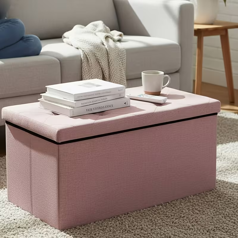OLIXIS Folding Storage Ottoman Bench | 660lbs Heavy-Duty Load | Space-Saving Upholstered Footrest & Storage Stool | Classic Hardwood Style
