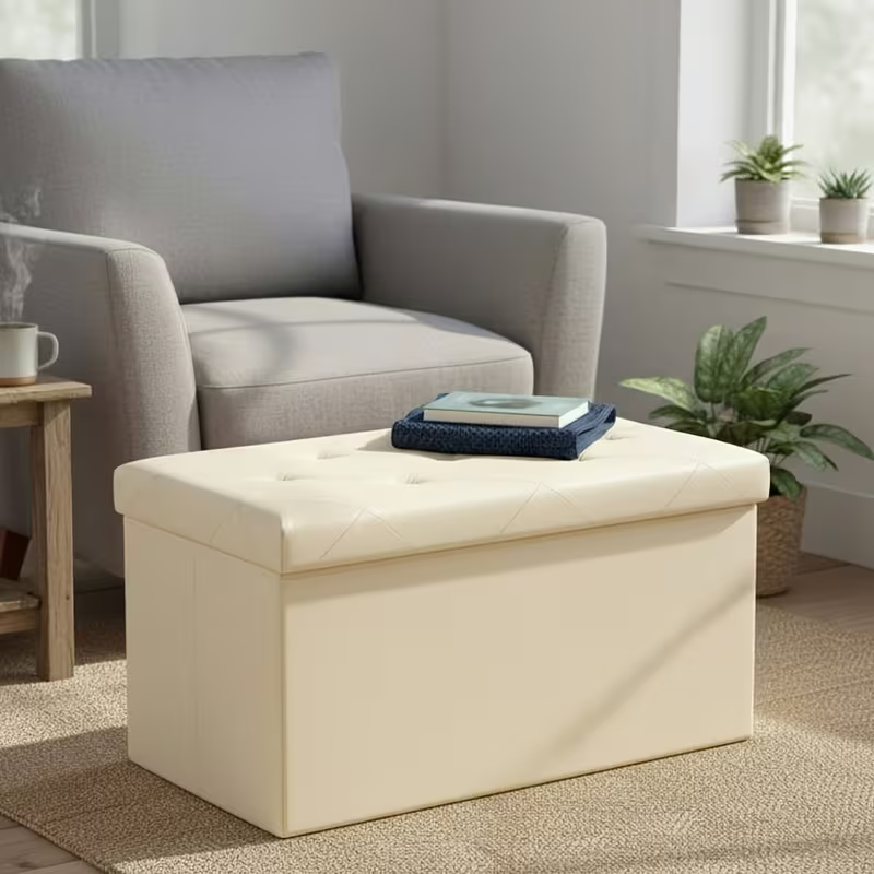 OLIXIS Folding Storage Ottoman Bench | 660lbs Heavy-Duty Load | Space-Saving Upholstered Footrest & Storage Stool | Classic Hardwood Style