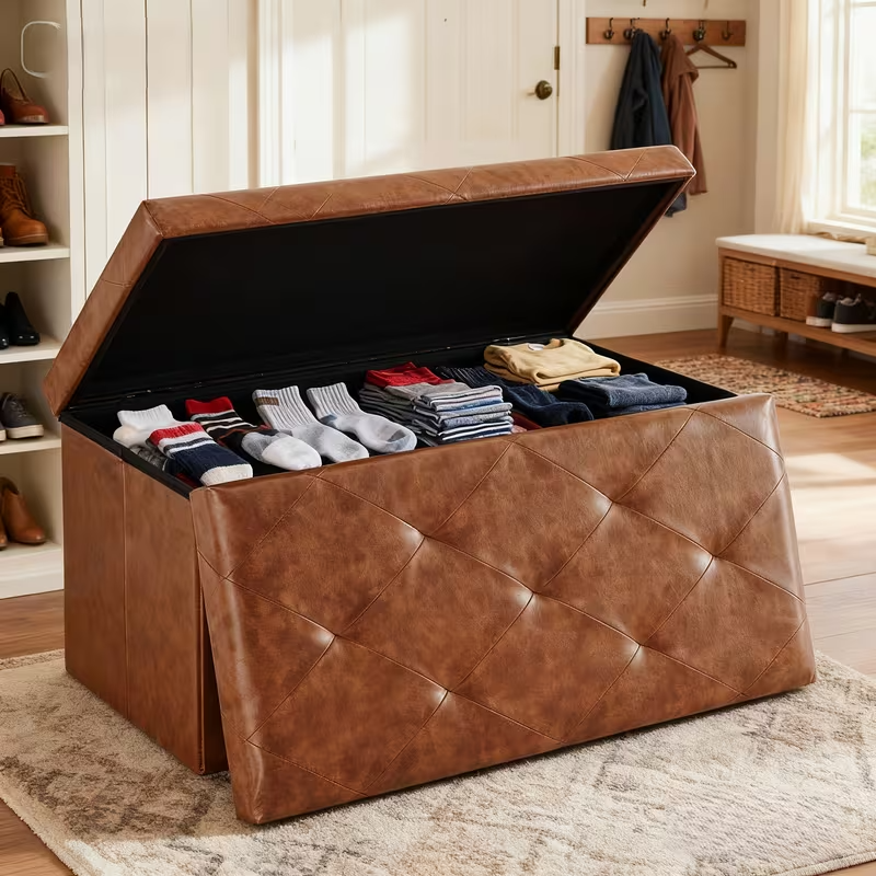 OLIXIS Folding Storage Ottoman Bench | 660lbs Heavy-Duty Load | Space-Saving Upholstered Footrest & Storage Stool | Classic Hardwood Style
