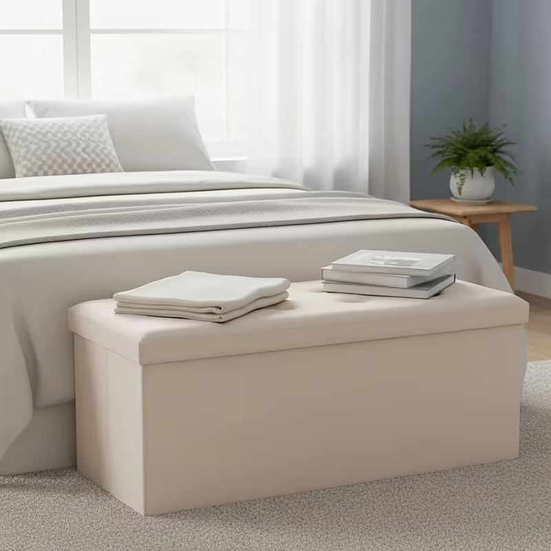 OLIXIS Folding Storage Ottoman Bench | 660lbs Heavy-Duty Load | Space-Saving Upholstered Footrest & Storage Stool | Classic Hardwood Style