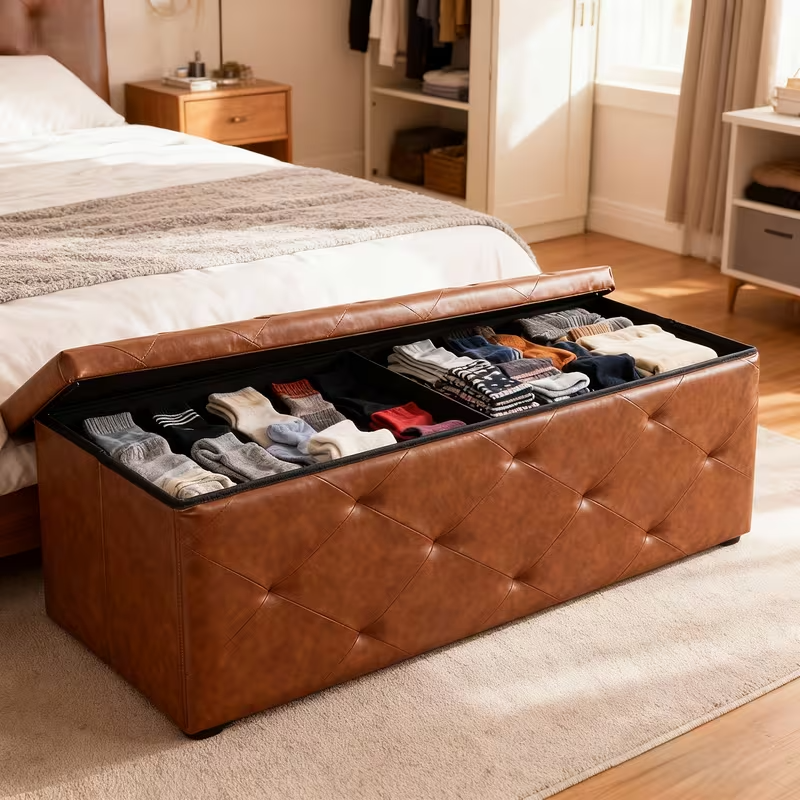 OLIXIS Folding Storage Ottoman Bench | 660lbs Heavy-Duty Load | Space-Saving Upholstered Footrest & Storage Stool | Classic Hardwood Style