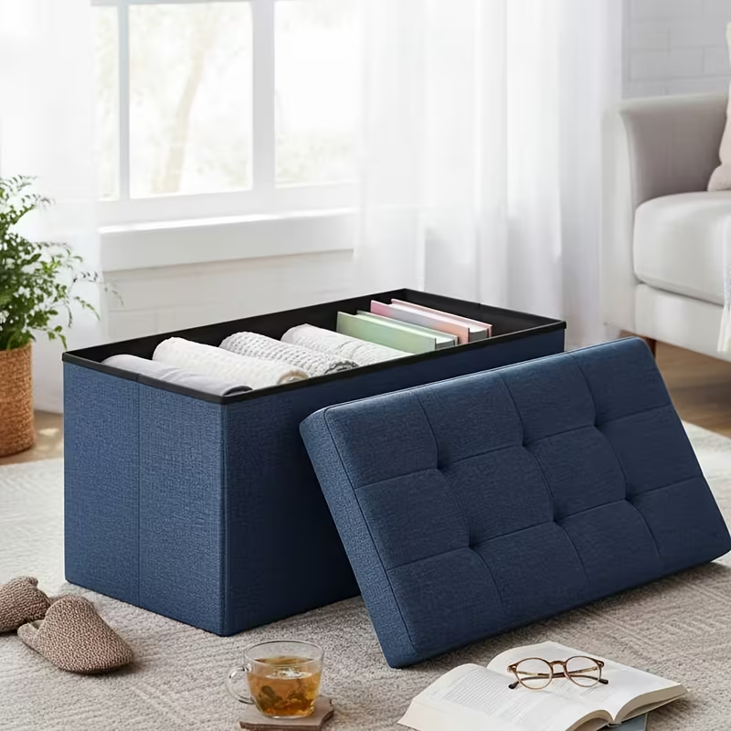 OLIXIS Folding Storage Ottoman Bench | 660lbs Heavy-Duty Load | Space-Saving Upholstered Footrest & Storage Stool | Classic Hardwood Style
