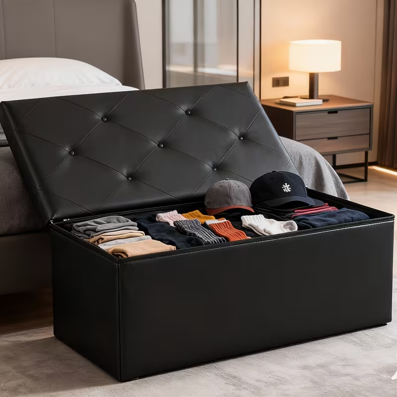 OLIXIS Folding Storage Ottoman Bench | 660lbs Heavy-Duty Load | Space-Saving Upholstered Footrest & Storage Stool | Classic Hardwood Style
