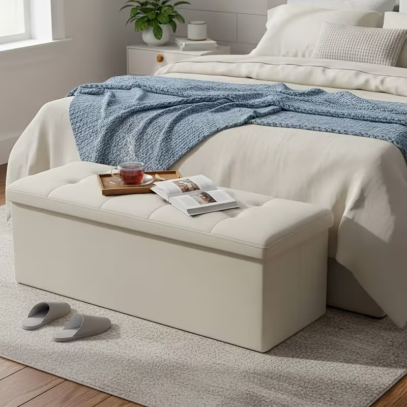 OLIXIS Folding Storage Ottoman Bench | 660lbs Heavy-Duty Load | Space-Saving Upholstered Footrest & Storage Stool | Classic Hardwood Style