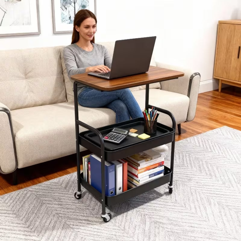 Premium 3-Tier Metal Rolling Utility Cart | Multifunctional Storage Rack with Wooden Tabletop | Heavy-Duty Mobile Organizer
