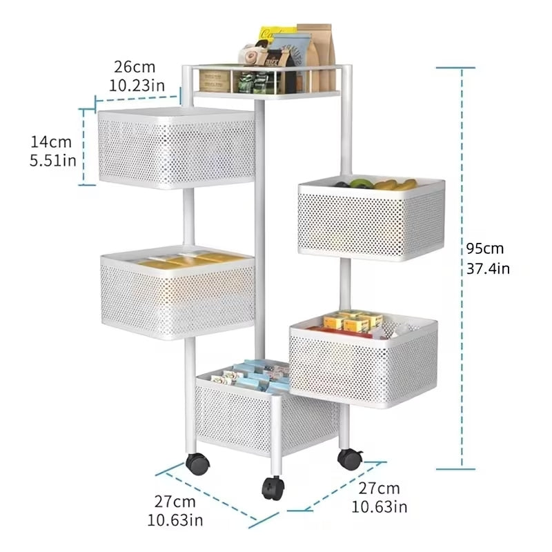 Premium 5-Tier Rotating Storage Trolley with Wheels | Square Multi-Layer Rolling Basket Organizer | Space-Saving Rack for Office, Kitchen & Bathroom
