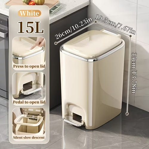 15L/3.96 Gal Slim Dual-Opening Trash Can - Chrome Plated Waste Bin with Pedal & Press Lid