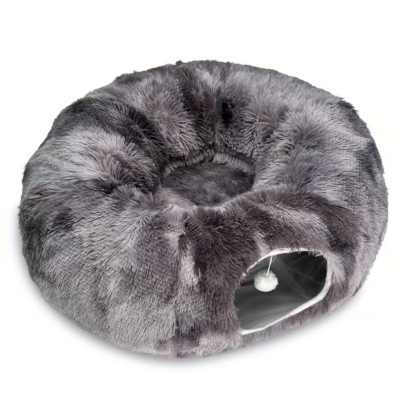 Luxury 2-in-1 Plush Cat Tunnel Bed | Ultra-Soft Winter Warm Donut Nest | Anti-Anxiety Hideaway with Interactive Toy & Peekaboo Hole