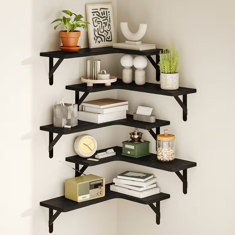 Rustic Wood Corner Floating Shelves Set (5/6 Pcs) | Heavy-Duty L-Shaped Wall Organizer | Space-Saving Decor for Bedroom, Bathroom, Kitchen & Living Room