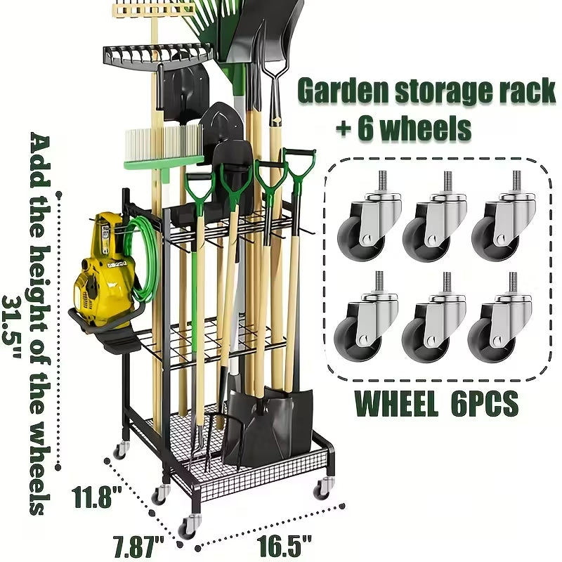 Heavy-Duty Rolling Garden Tool Organizer | Mobile Yard Tool Tower Rack | Durable Steel Garage Storage for Long-Handled Tools