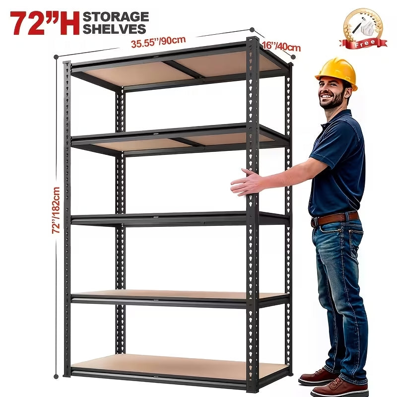 72" Heavy-Duty 5-Tier Garage Shelving Unit | 2000lbs Total Capacity | Adjustable Steel Storage Rack for Pantry, Kitchen & Garage (Black)