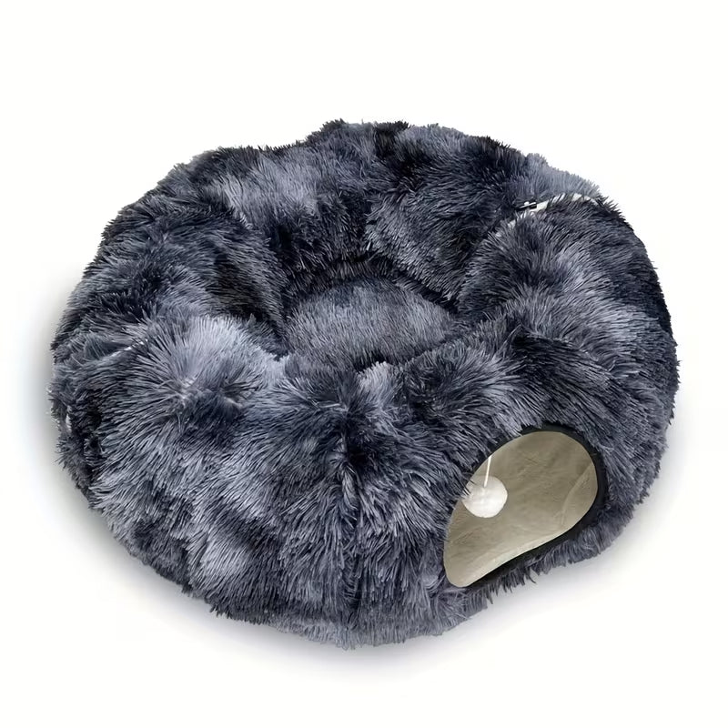 Luxury 2-in-1 Plush Cat Tunnel Bed | Ultra-Soft Winter Warm Donut Nest | Anti-Anxiety Hideaway with Interactive Toy & Peekaboo Hole