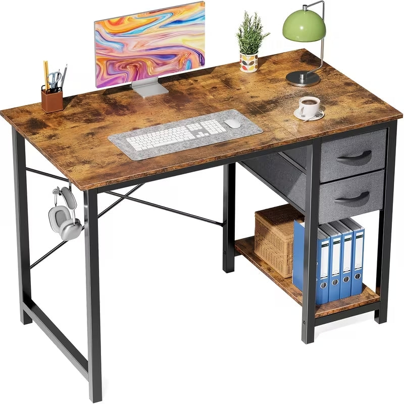 47-Inch Modern Computer Gaming Desk with 2 Fabric Storage Drawers | Versatile Home Office Study Table | Sturdy Writing Desk for Work & Education
