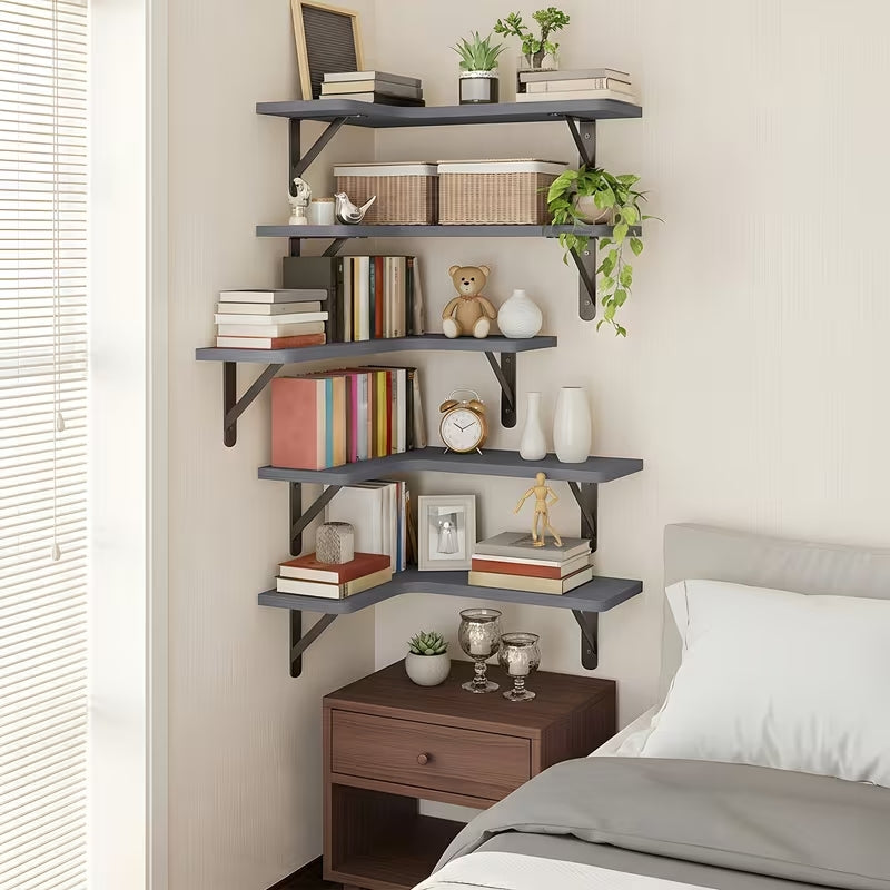 Rustic Wood Corner Floating Shelves Set (5/6 Pcs) | Heavy-Duty L-Shaped Wall Organizer | Space-Saving Decor for Bedroom, Bathroom, Kitchen & Living Room