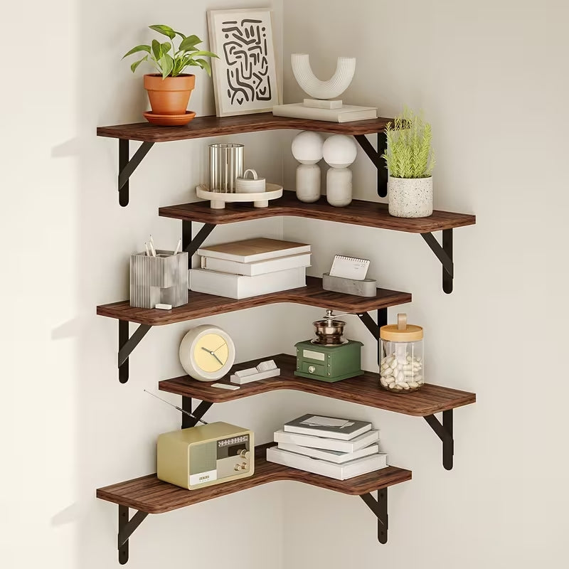 Rustic Wood Corner Floating Shelves Set (5/6 Pcs) | Heavy-Duty L-Shaped Wall Organizer | Space-Saving Decor for Bedroom, Bathroom, Kitchen & Living Room