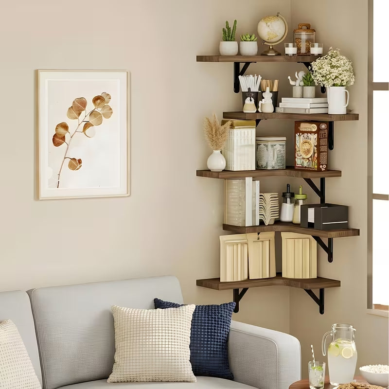 Rustic Wood Corner Floating Shelves Set (5/6 Pcs) | Heavy-Duty L-Shaped Wall Organizer | Space-Saving Decor for Bedroom, Bathroom, Kitchen & Living Room