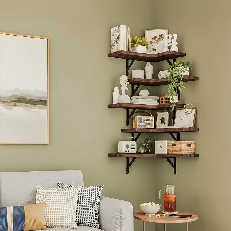 Rustic Wood Corner Floating Shelves Set (5/6 Pcs) | Heavy-Duty L-Shaped Wall Organizer | Space-Saving Decor for Bedroom, Bathroom, Kitchen & Living Room