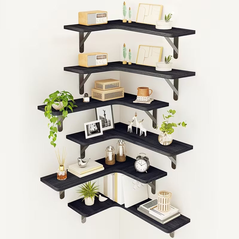 Rustic Wood Corner Floating Shelves Set (5/6 Pcs) | Heavy-Duty L-Shaped Wall Organizer | Space-Saving Decor for Bedroom, Bathroom, Kitchen & Living Room
