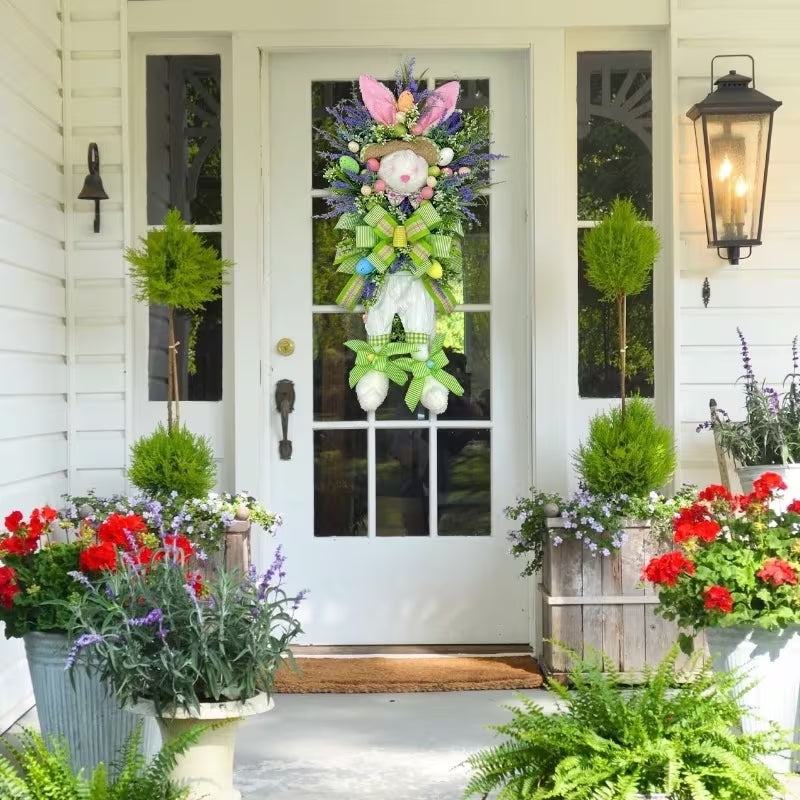 Adorable Easter Bunny Floral Wreath with Colorful Eggs - Spring Front Door Decor