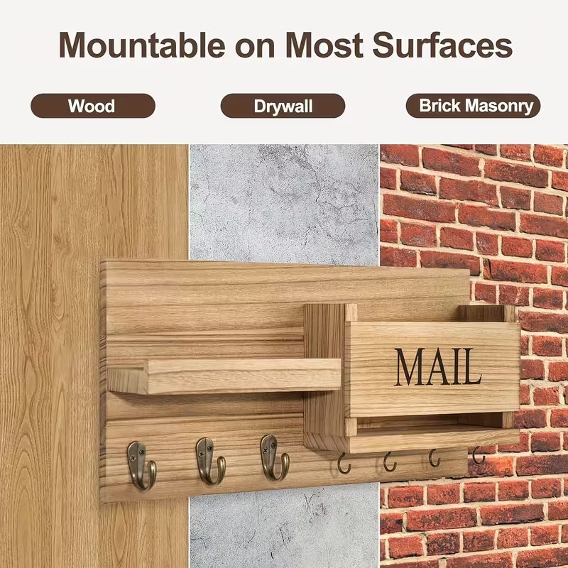 Rustic Solid Wood Wall-Mounted Entryway Shelf | Multi-Functional Floating Organizer with Key Hooks | Farmhouse Decor for Home & Office