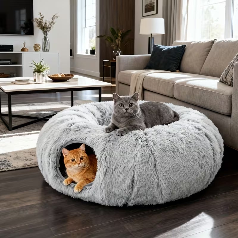 Luxury 2-in-1 Plush Cat Tunnel Bed | Ultra-Soft Winter Warm Donut Nest | Anti-Anxiety Hideaway with Interactive Toy & Peekaboo Hole