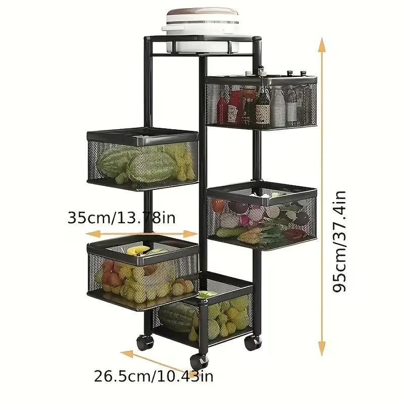 Premium 5-Tier Rotating Storage Trolley with Wheels | Square Multi-Layer Rolling Basket Organizer | Space-Saving Rack for Office, Kitchen & Bathroom