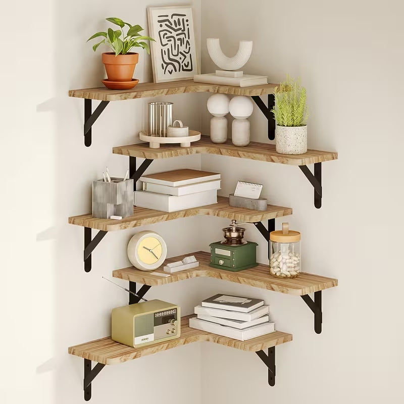 Rustic Wood Corner Floating Shelves Set (5/6 Pcs) | Heavy-Duty L-Shaped Wall Organizer | Space-Saving Decor for Bedroom, Bathroom, Kitchen & Living Room