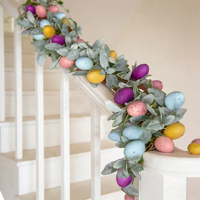 Artificial Nordic Lambs Ear & Easter Egg Garland - Spring Hanging Decor for Mantel & Parties