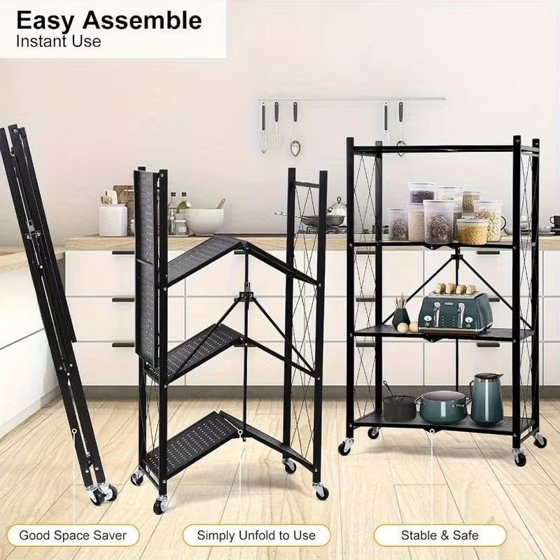 Premium Portable Folding Storage Rack with Wheels | Multi-Functional Mobile Shelving Unit | Heavy-Duty Space-Saver for Kitchen, Garage & Office